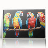 Framed wall art featuring a vibrant design of colorful parrots on a white background, showcasing detailed bird illustrations, perfect for tropical decor enthusiasts.