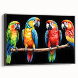 Framed wall art featuring a vibrant parrot design on canvas, showcasing a colorful array of birds against a black background, ideal for home decor.