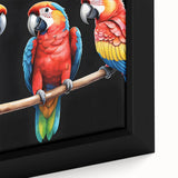 Close-up of a vibrant framed canvas wall art featuring colorful parrots perched on branches, showcasing intricate feather details and a tropical background, ideal for bird lovers.