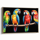 Framed canvas wall art showcasing a vibrant design of colorful parrots on a gold background, perfect for adding a tropical touch to any decor. This piece highlights intricate details and a modern aesthetic, ideal for bird lovers and nature enthusiasts.