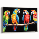 Framed canvas wall art featuring vibrant parrot design with a silver frame, showcasing colorful birds perched against a neutral background, ideal for tropical decor.