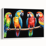 Framed canvas wall art showcasing a vibrant parrot design in a modern white frame, ideal for adding a tropical touch to home decor. Perfect for bird lovers.