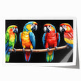 Vibrant wall art print featuring a colorful design of various parrots perched on branches, ideal for tropical-themed decor or bird enthusiasts. The artwork showcases intricate details and bright colors, making it a striking focal point for any room. Perfect for adding a lively touch to living spaces or offices.