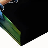 Close-up of a vibrant stretched canvas wall art featuring colorful parrots perched among lush green foliage, perfect for tropical decor enthusiasts.