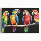 Vibrant wall art featuring a colorful parrot design on stretched canvas, showcasing intricate details and bold hues, perfect for enhancing any living space decor.