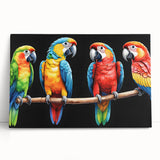 Vibrant stretched canvas wall art featuring a colorful parrot design, showcasing tropical birds on a lush background, perfect for enhancing home decor.