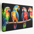 Vibrant stretched canvas wall art showcasing a colorful parrot design, featuring detailed feathers and a dynamic side view, perfect for bird lovers and home decor enthusiasts.