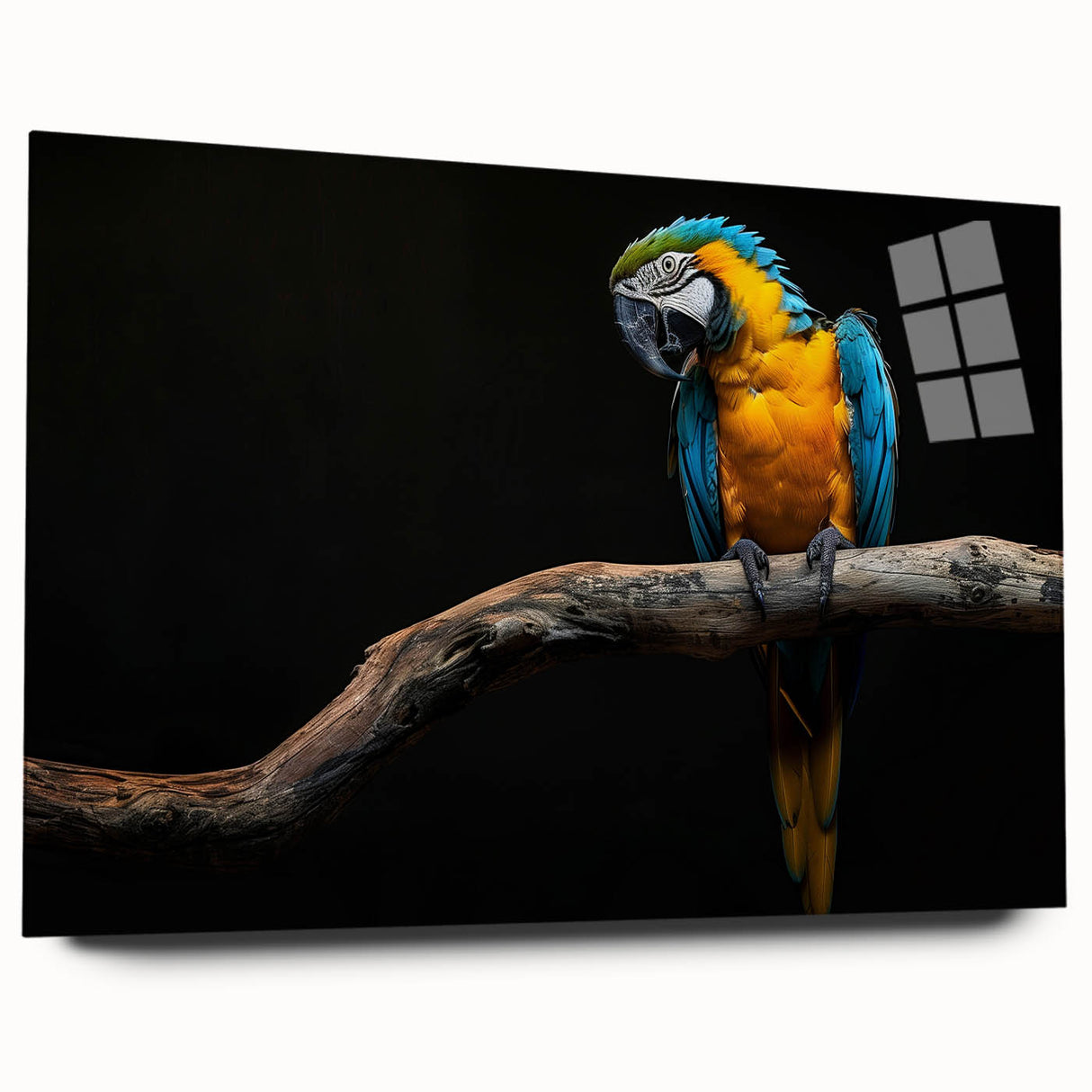 Vibrant acrylic wall art depicting colorful parrots in a lush tropical setting, showcasing rich details and vivid hues, perfect for enhancing home decor.