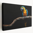 Vibrant stretched canvas wall art featuring a colorful parrot design, showcasing detailed feathers and a tropical background, perfect for enhancing living spaces.