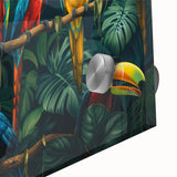 Close-up of a vibrant wall art piece showcasing a variety of colorful parrots against a sleek acrylic glass surface, ideal for bird lovers and home decor enthusiasts.
