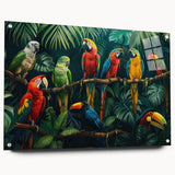 Vibrant acrylic wall art collection showcasing colorful parrot designs, displayed in a side view with decorative pins, perfect for brightening up any space.