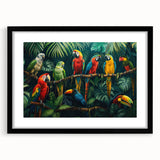 Framed wall art collection featuring vibrant parrot designs in a sleek black frame, ideal for enhancing tropical-themed decor in living spaces or offices.
