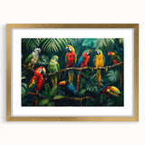 Framed wall art collection showcasing vibrant parrots in a colorful design, featuring a gold frame and matting, perfect for adding a tropical touch to home decor.