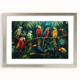 Framed wall art collection showcasing vibrant parrot designs in colorful hues, presented in a sleek silver frame with a mat, ideal for bird lovers and home decor enthusiasts.