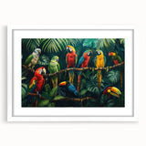 Framed wall art collection showcasing vibrant parrot designs in a white mat, perfect for adding a tropical touch to home decor. Ideal for bird lovers and nature enthusiasts.