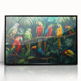 Framed wall art featuring a vibrant collection of parrot designs in various colors, showcased in a sleek black frame, ideal for bird lovers and home decor enthusiasts.