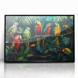 Framed wall art featuring a vibrant collection of parrot designs in various colors, showcased in a sleek black frame, ideal for bird lovers and home decor enthusiasts.
