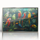 Framed wall art featuring a vibrant collection of parrots in various colors, displayed in a sleek silver frame, perfect for adding a tropical touch to home decor.