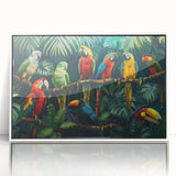Framed acrylic wall art showcasing a vibrant collection of parrots in a colorful design, ideal for enhancing living spaces with a tropical theme.