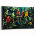 Framed canvas wall art collection showcasing vibrant parrot designs, featuring a black frame and side view display, perfect for tropical-themed decor.