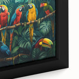 Vibrant close-up of a framed canvas showcasing a colorful collection of parrot wall art, featuring intricate details and a lively design perfect for home decor.