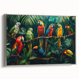 Framed wall art collection showcasing vibrant parrot designs on a textured canvas, featuring a sleek silver frame, ideal for enhancing modern home decor.