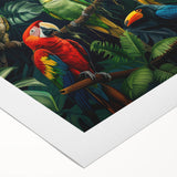 Colorful parrot design rolled canvas wall art showcasing vibrant tropical birds perched on branches, perfect for adding a lively touch to home decor.