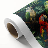 Vibrant rolled canvas artwork showcasing a collection of colorful parrots perched on branches, ideal for tropical-themed decor, beautifully packaged for protection.