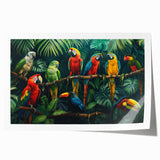 Colorful rolled print featuring a vibrant design of tropical birds and parrots, perfect for wall art decor, showcasing a lively array of greens, blues, and reds.