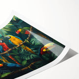 Vibrant wall art print featuring a colorful design of various parrot species, showcasing intricate details and lively hues, perfect for tropical-themed decor.