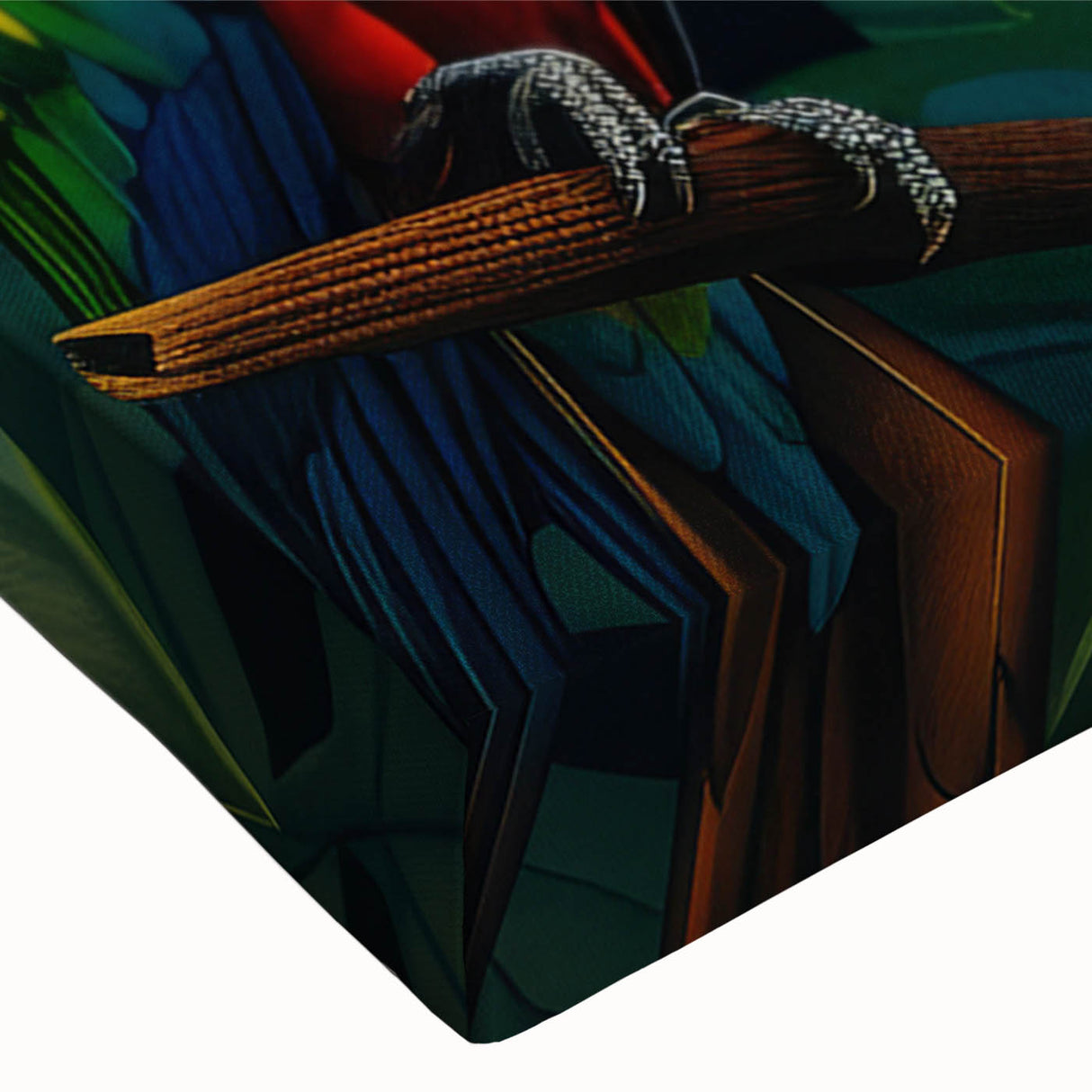 Close-up of vibrant parrot wall art on stretched canvas, showcasing intricate details and vivid colors, perfect for adding a tropical touch to home decor.