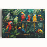 Vibrant stretched canvas wall art showcasing a colorful collection of various parrots perched among tropical leaves, ideal for adding a lively touch to home decor.
