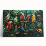 Vibrant canvas wall art featuring a colorful design of tropical birds and parrots, ideal for home decor, showcasing intricate details and vivid colors.