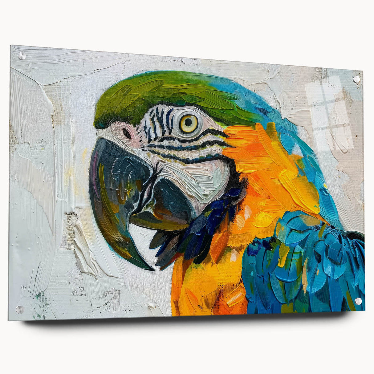 Vibrant acrylic wall art featuring a colorful parrot design, elegantly displayed in a glass frame with decorative pins, perfect for enhancing any modern decor.