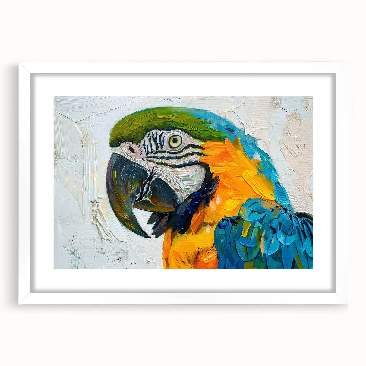 Colorful wall art collection featuring various parrot designs in a sleek white frame with a mat, perfect for adding a vibrant touch to home decor.