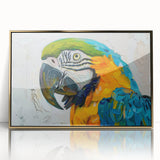 Framed wall art collection featuring vibrant parrot designs on acrylic, accented with a gold frame. Ideal for bird lovers and tropical decor enthusiasts.