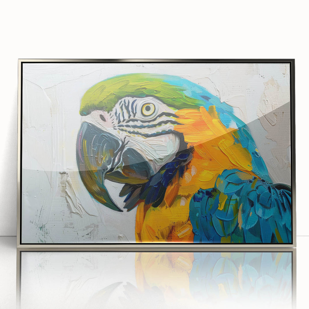 Framed wall art featuring a vibrant collection of parrot designs in acrylic, set in a sleek silver frame, showcasing intricate colors and details perfect for bird lovers.