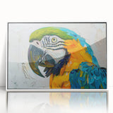 Framed wall art collection showcasing vibrant parrot designs in acrylic, featuring a modern white frame and a captivating front view that enhances any decor.