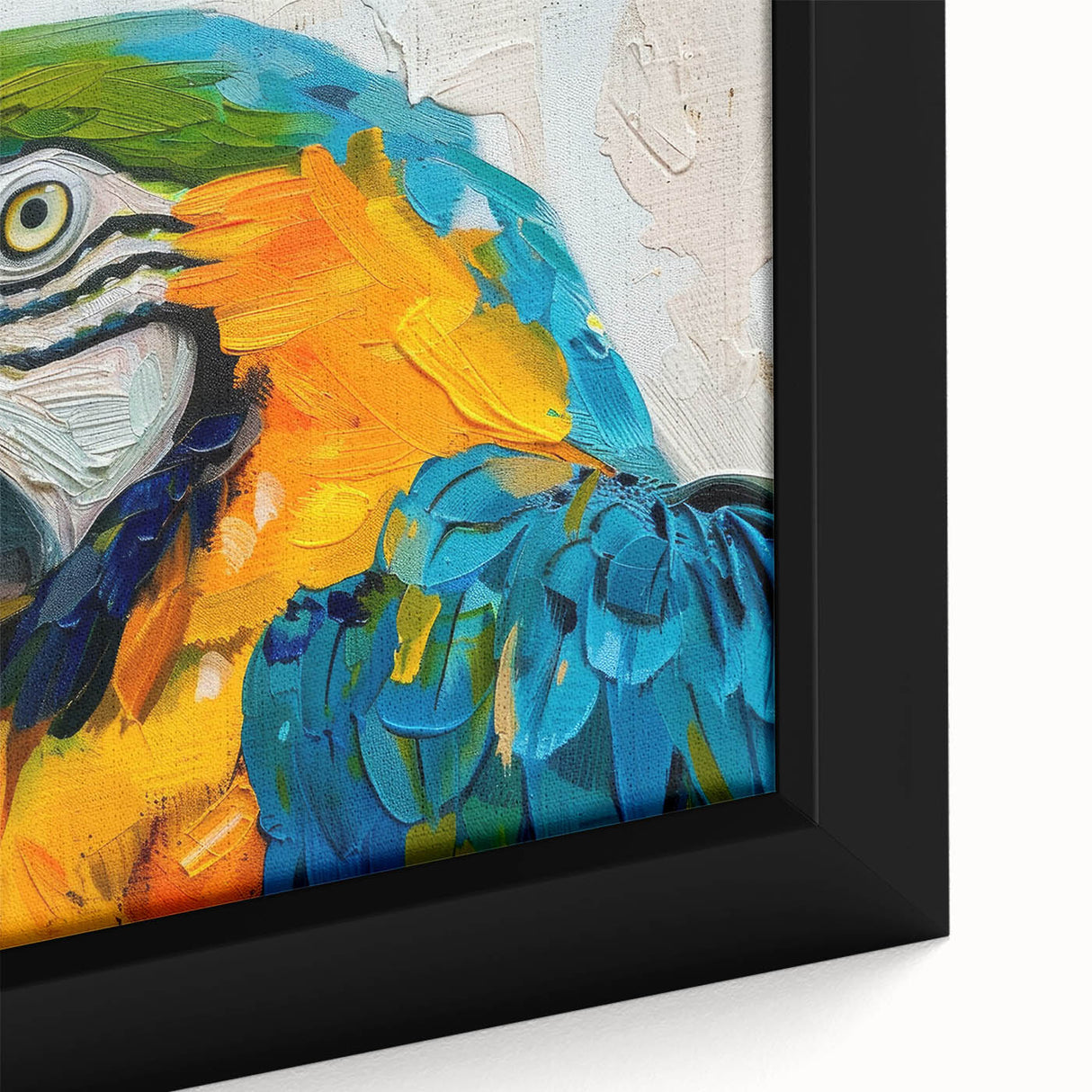 Close-up of a vibrant wall art canvas featuring a colorful collection of tropical parrots perched on branches, showcasing intricate details and textures in a framed design, perfect for adding a lively touch to home decor.