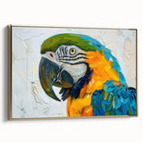 Framed canvas wall art featuring a vibrant collection of colorful parrots, displayed elegantly with a gold frame, perfect for adding a tropical touch to any room.
