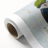 Vibrant rolled canvas wall art showcasing a colorful design of various parrot species perched among lush green foliage, ideal for enhancing home decor with a tropical vibe.