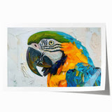 Vibrant rolled print showcasing a colorful parrot design, ideal for wall art decor, featuring lush greens and bold hues, packaged securely for transport.