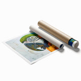 Vibrant rolled print showcasing a colorful collection of parrot and bird designs, perfect for home decor. The artwork is elegantly packaged in a protective tube, highlighting its high-quality finish and intricate details.