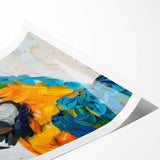 Vibrant rolled print of colorful parrots perched on branches, showcasing intricate details and textures, ideal for enhancing home decor with nature-inspired art.