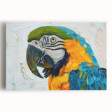 Vibrant canvas wall art showcasing a colorful design of various parrots perched on branches, perfect for adding a lively touch to any room decor.