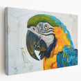 Colorful stretched canvas wall art featuring a vibrant design of various parrots perched among tropical leaves, perfect for adding a lively touch to home decor.