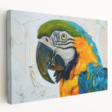 Colorful stretched canvas wall art featuring a vibrant design of various parrots perched among tropical leaves, perfect for adding a lively touch to home decor.