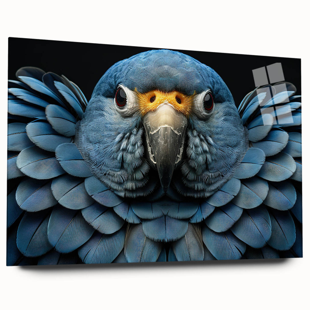 Vibrant acrylic wall art collection showcasing a colorful design of exotic parrots on a glass panel, perfect for enhancing modern home decor. The artwork features a detailed side view, highlighting the vivid colors and intricate patterns, making it an eye-catching focal point for any room.
