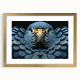 Framed wall art featuring a vibrant design of colorful parrots on a gold mat, showcasing intricate details and a stylish presentation for home decor.