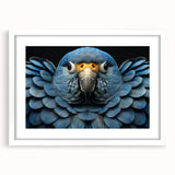 Framed wall art featuring a vibrant parrot design in a white mat, showcasing colorful birds against a modern backdrop, perfect for enhancing home decor.